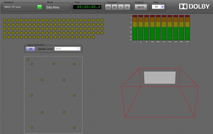 Une image reconstituée du moniteur Atmos (le dernier à droite sur la 1ère image). En haut à gauche, on voit les 118 objets/pistes possibles pouvant être gérés. En haut à droite les 9 canaux « Beds ». En bas à gauche la configuration canaux = enceintes dans notre cas 7.1(2).4. En bas à droite l’emplacement 3D des objets